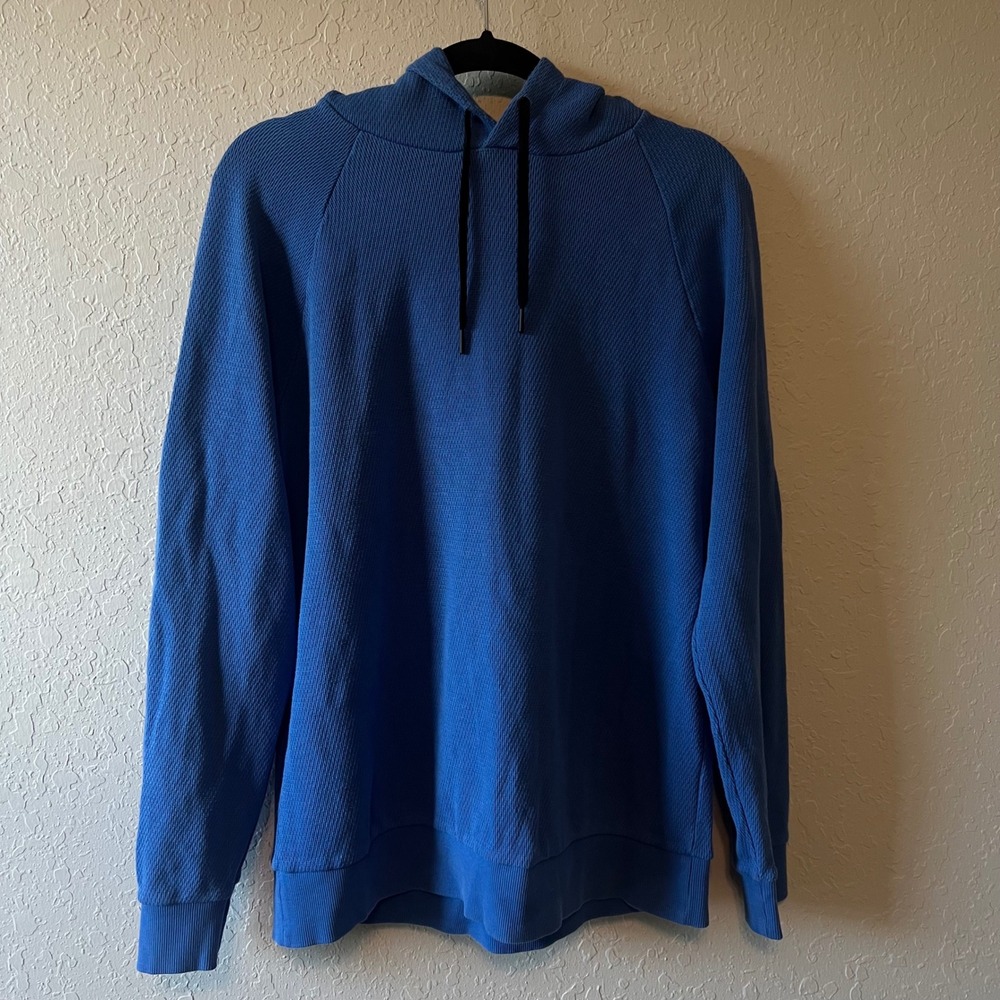Theory Hoodie Mens Pullover Textured Knit Raglan Waffle Size M Blue Hiking